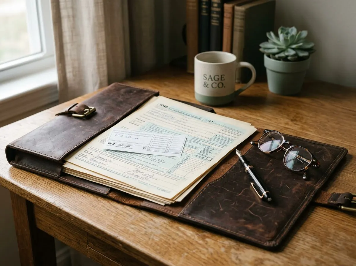 Open leather portfolio with tax documents and reading glasses