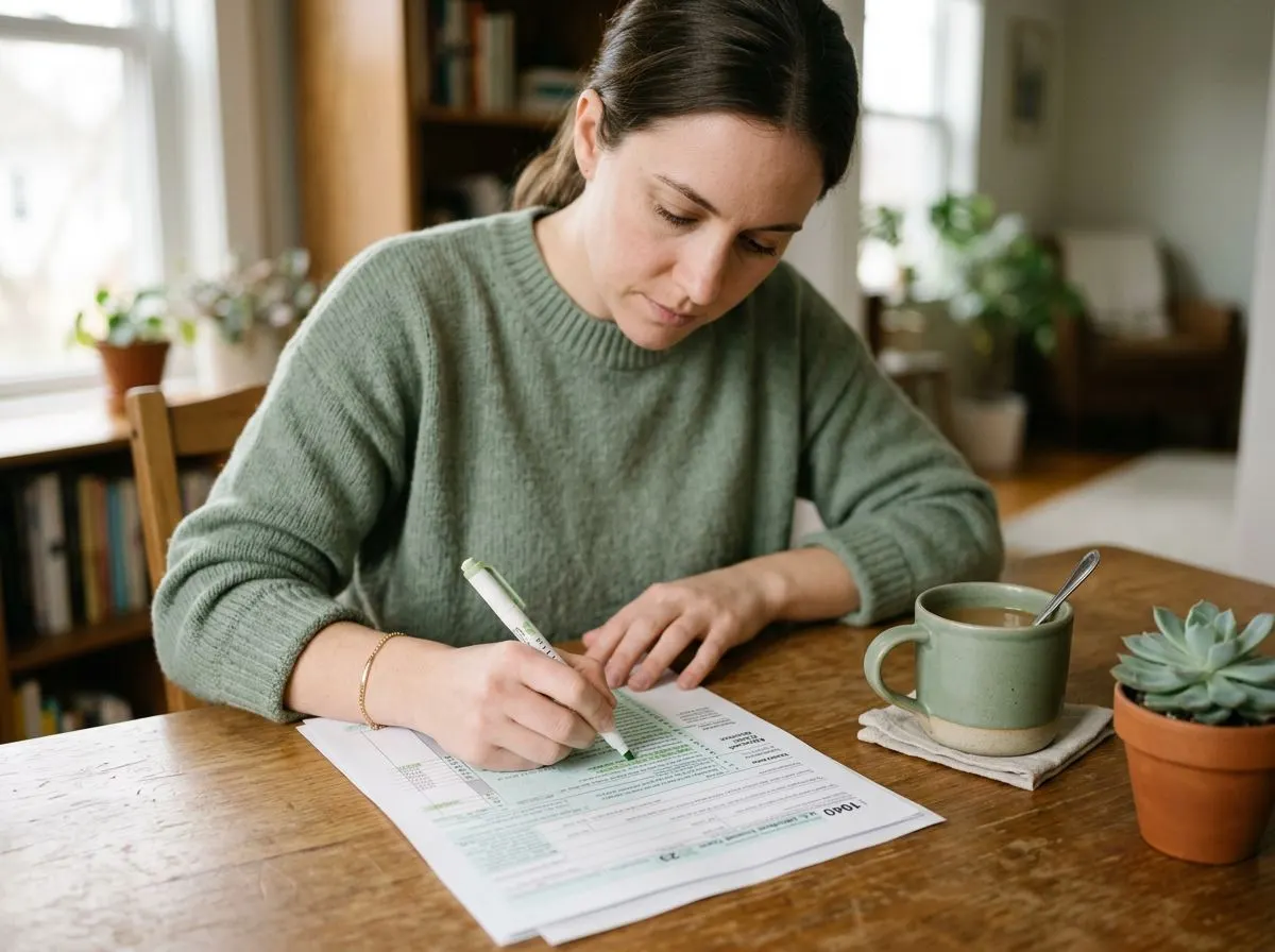 Person highlighting line items on a tax form