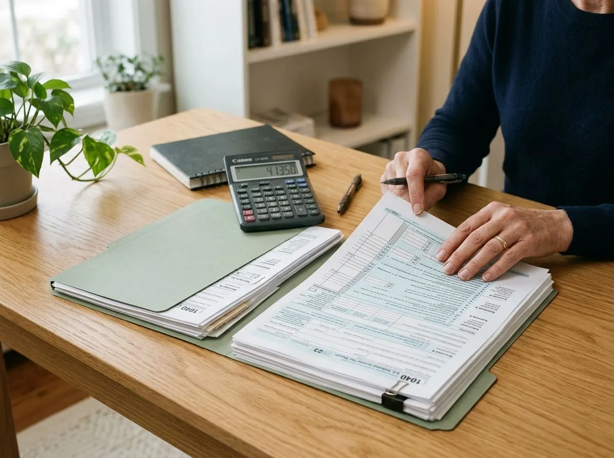 Tax preparer reviewing 1040 forms with calculator