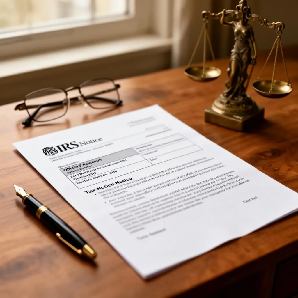 Official IRS notice on a wood desk with reading glasses, fountain pen, and brass scales of justice