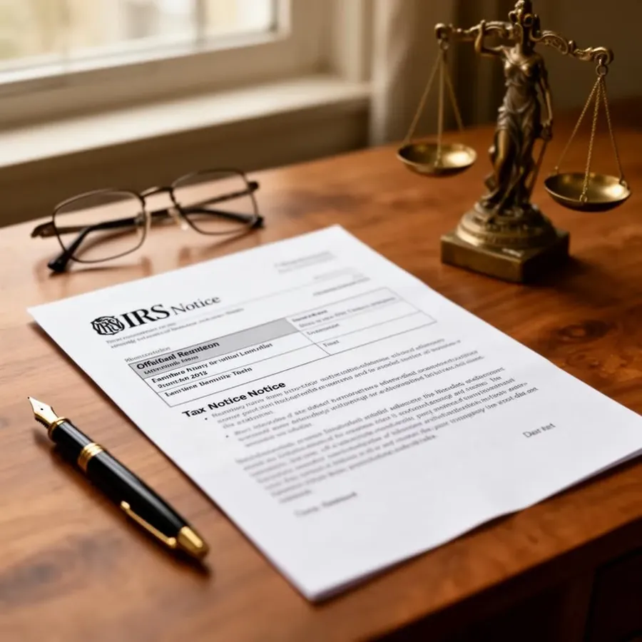 Official IRS notice on a wood desk with reading glasses, fountain pen, and brass scales of justice