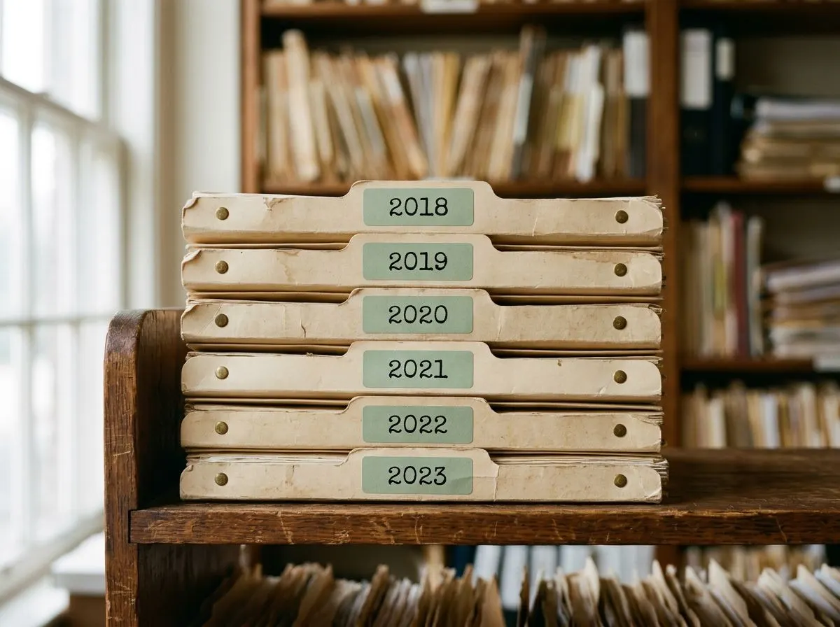 Stacked file folders organized by tax year